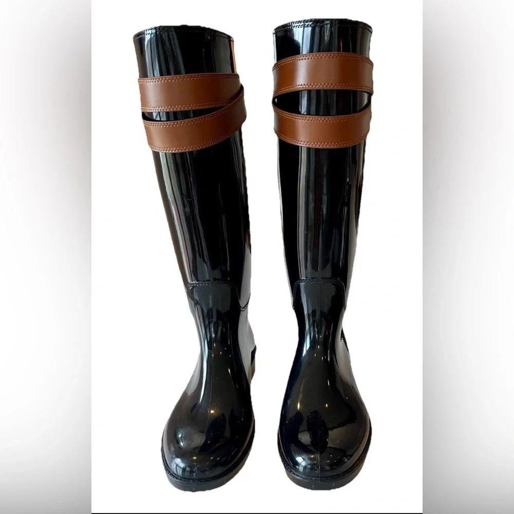 Coach Talia Knee High Rain Boots 9 Glossy Black Brown Buckle Preppy Outdoors